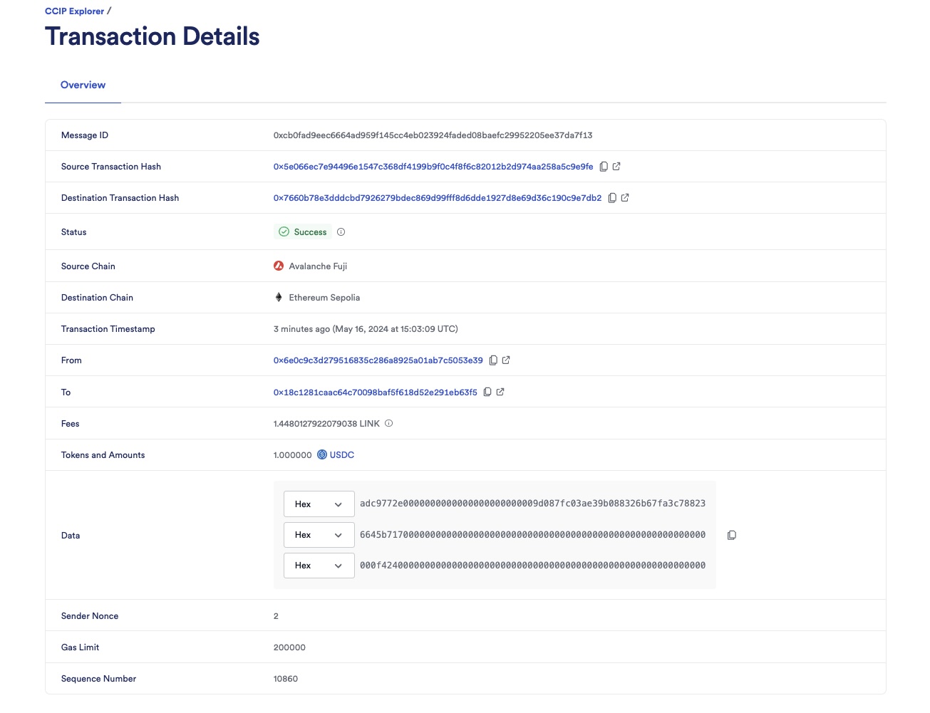 Chainlink CCIP Explorer transaction details success